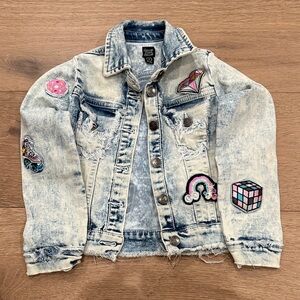 Deux par Deux Distressed Denim Jacket with Colorful Patches